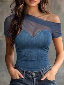 SHEIN Top casual versatile da donna con scollo asimmetrico, patchwork in rete, arricciature e vestibilità aderente - Blu - Visualizzare 1