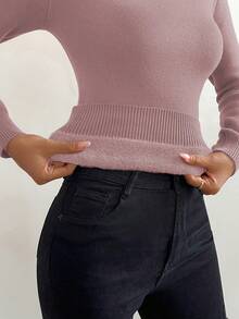 GlowEve 女款純色保暖內裡立領長袖修身毛衣 - 藕粉色 - 查看 9