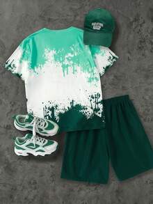 2pcs/Set Tween Boys Loose Casual Street Style Gradient Print T-Shirt And Matching Color Cargo Shorts Outfit, Suitable For Summer Outdoor Activities - Green - View 3