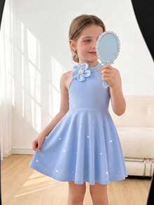 Elladie kids 女童蓝色露背A字连衣裙，饰有3D立体花朵和珍珠，甜美公主风，适合生日派对和夏季穿着。 - 藍色 - 查看 6