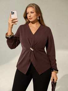 Auralis Plus Size Women's Autumn Fashion Elegant Loose Comfortable Daily Brown Long Sleeve Top, Metal Button V-Neck, Spring/Autumn Outfit, Women's Shirt, Going Out Top/Brown Metal Button Decor Twisted Top/Loose Long Sleeve Shirt/Elegant Commute Office Workplace Outfit Mermaid Style High-End Party Outfit/ - Brown - View 5