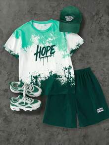 2pcs/Set Tween Boys Loose Casual Street Style Gradient Print T-Shirt And Matching Color Cargo Shorts Outfit, Suitable For Summer Outdoor Activities - Green - View 2