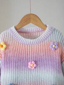 SHEIN 女童手工花卉漸層針織毛衣，可愛休閒圓領燈籠袖套頭衫，秋季款 - 彩色 - 查看 6
