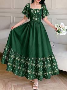Modelyn 花卉印花時尚方領大喇叭袖短袖洋裝，夏季收腰中長洋裝，花卉圖案酒紅色長洋裝 - 彩色 - 查看 4