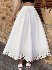 Vaclyn Women's Casual Vacation Style Embroidered Hollow Out Midi Skirt - White - View 4