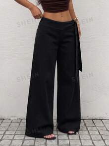 Rivivi Fashionable Tie-Up Washed Denim Wide Leg Pants - Black - View 3