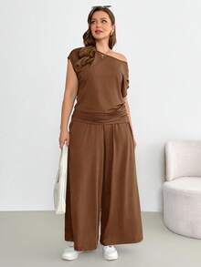 Shapeblank Conjunto de 2 piezas de talla grande con top asimétrico fruncido de unicolor versátil y pantalones holgados con bolsillos - Marrón Mocha - Ver 5