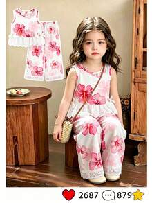 SHEIN Genkimix Kids 女童法式碎花印花圓領無袖背心上衣搭配側邊3D蝴蝶結裝飾與寬鬆直筒寬腿褲套裝，夏季休閒穿搭 - 粉色 - 查看 5