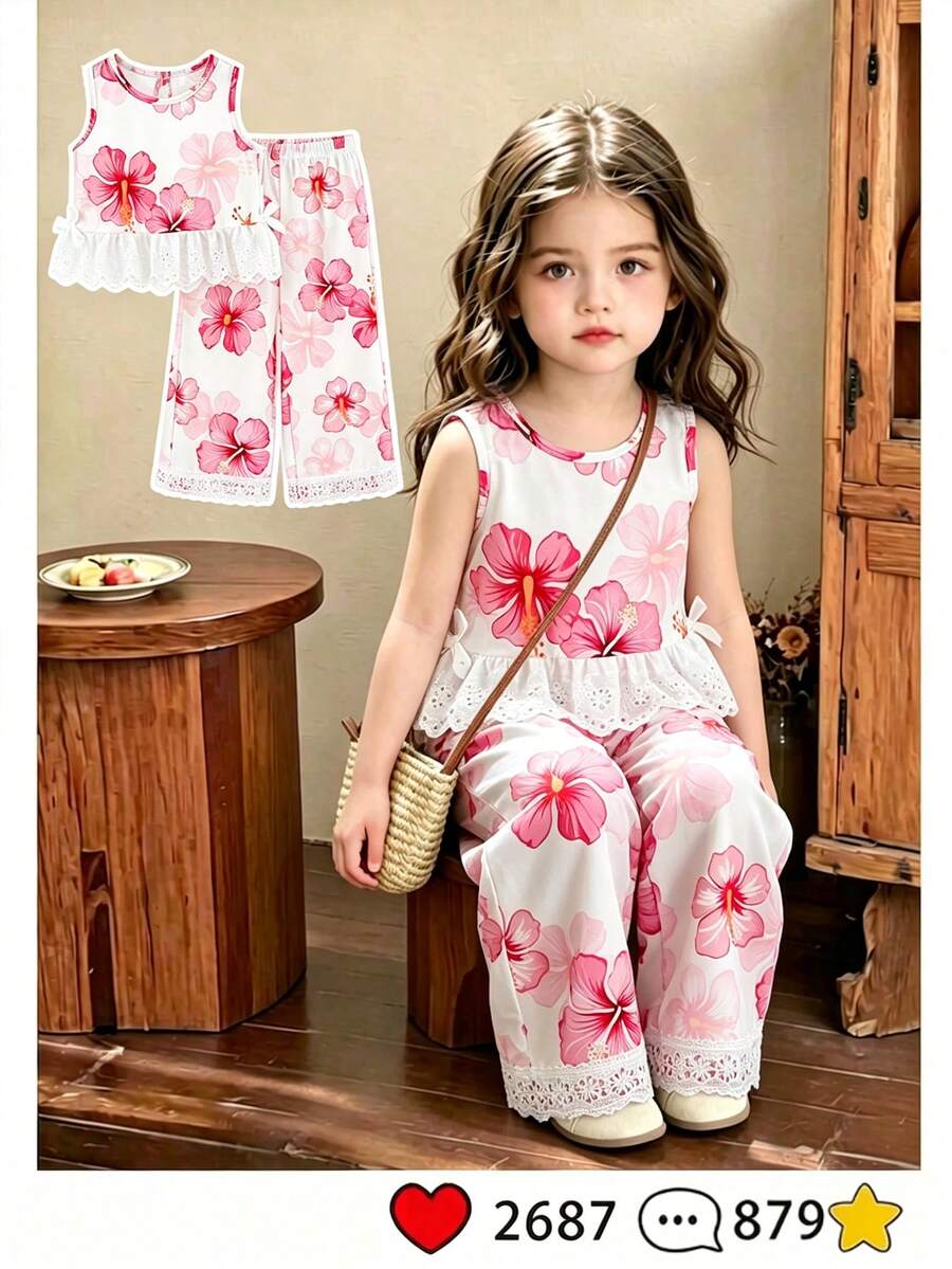 SHEIN Girls French Floral Print Round Neck Sleeveless Tank Top With Side 3D Ribbon Bow Decoration And Loose Straight Leg Wide Leg Pants Set Vaction
