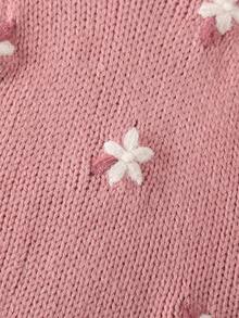 SHEIN Vintaside Kids 女童粉色針織連身褲，荷葉袖與花卉刺繡設計，柔軟舒適針織，可愛復古風嬰幼兒套裝 - 藕粉色 - 查看 6