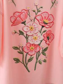 GlowEve Women's Summer Vacation Floral Faux Embroidery Print Round Neck Blouse Brunch Tea Party Pink Floral Romantic Cute - Pink - View 4