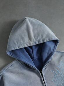 ROMWE MEN Men's Zip-Up Hooded Cross Embroidery Washed Sweatshirt - Blue - View 2