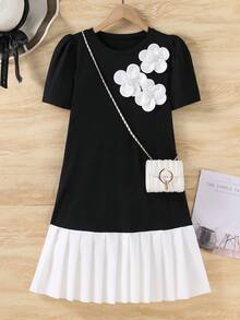 SHEIN 少女甜美黑白拼接花卉装饰圆领花瓣袖宽松连衣裙，夏季 - 黑與白 - 查看 8