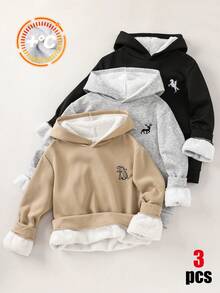 SHEIN 3件組買2送1兒童青少年男孩休閒百搭保暖內裡加厚連帽衛衣，黑色連帽衛衣、卡其色連帽衛衣、灰色連帽衛衣，百搭上衣，適合秋冬、學校、運動、秋季穿搭、冬季穿搭 - 彩色 - 查看 4