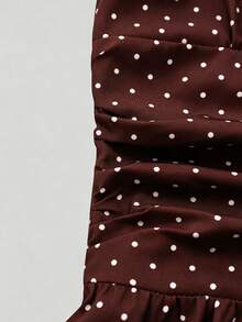 GlowEve Women's Halter Neck Sleeveless Waist-Cinching A-Line Short Dress, Bow Tie, Brown And White Polka Dot Pattern, Textured Fabric, Summer Elegant Holiday - Burgundy - View 9