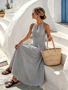 SHEIN Holidaya Women's Striped Pleated Casual Daily Long Dress - Black - View 4