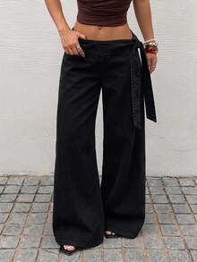 Rivivi Fashionable Tie-Up Washed Denim Wide Leg Pants - Black - View 1