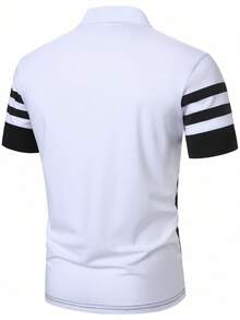 Manfinity Homme 男士夏季休閒拼色拼接 Polo 衫 - 黑與白 - 查看 2