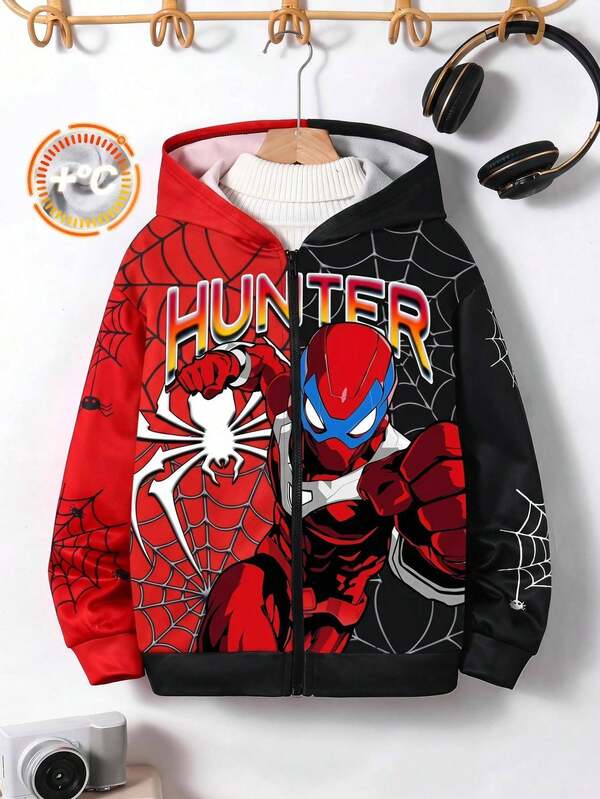 SHEIN Gruba casualowa kurtka z kapturem dla chłopców w wieku tween z wzorem superbohatera i pajęczyny, jesienna, na Halloween, urocza bluza z kapturem, zimowa góra, zimowa kurtka