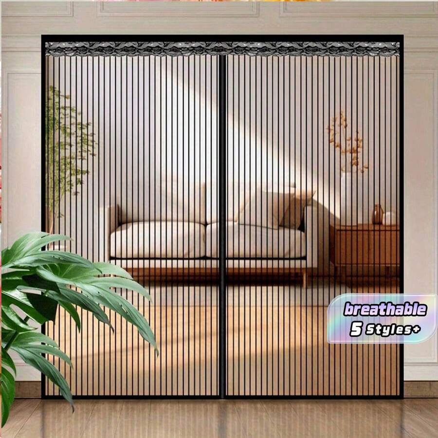 1pc Extra Large Magnetic Black Striped Mosquito Net Curtain, Summer Lace Design Magnetic Screen Door, Breathable & Easy Installation, Suitable For Living Room, Bedroom, Kitchen Divider Curtain, Curtain Decor - Door curtain - View 1