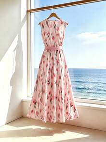 SHEIN Franclia Vestido de Praia Floral Elegante e Casual para Férias de Verão, Festival de Junho, para Mulheres, Roupa para Encontro Romântico, Sem Mangas, Decote em V, Cintura Elástica com Cinto, Vestido em Linha A - Multicolorido - Visão 2