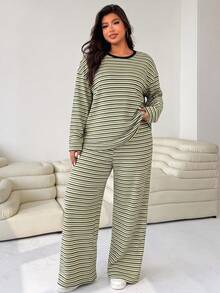 SHEIN EZwear Plus Size Women Striped Drop Shoulder Long Sleeve T-Shirt And Pants Casual Set Fall - Multicolor - View 5