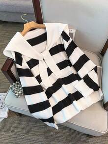 GlowEve CURVE Plus Size Casual Striped Sailor Collar Drop Shoulder Long Sleeve Pullover Sweater - Black and White - View 5