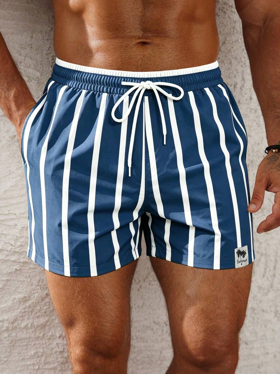 Palasendo Pantalones cortos de playa con rayas de color contrastante para hombre - Neblina azul - Ver 1