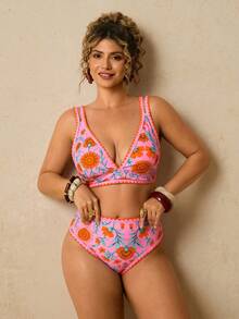Travachic Plus Size Women's Floral Print Shell Embroidered Tank Top And Triangle Bikini Bottom Swimsuit Set - Multicolor - View 4