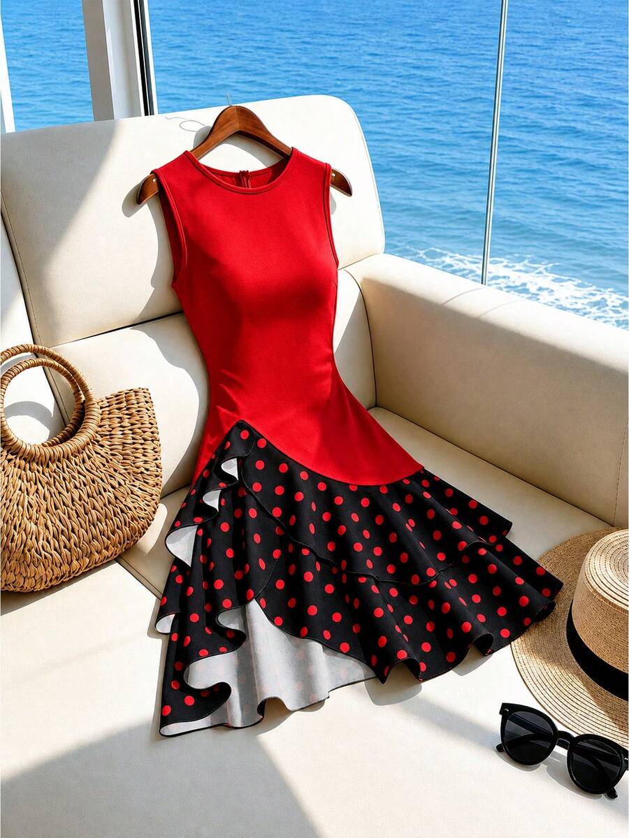 SHEIN Franclia 女款圓領波點拼色休閒日常夏季洋裝 - 紅色 - 查看 1