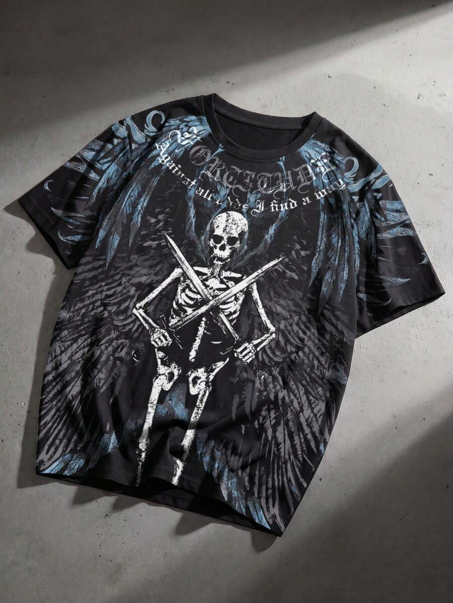ROMWE MEN Goth Kaos Pria Lengan Pendek Longgar dengan Motif Cetak - Hitam - View 1