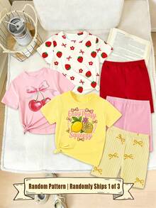 (3 Set Acak, Kirim 1 Set) Set Kaos Pendek dan Celana Pendek Biker Motif Lemon, Stroberi, Pita, dan Ceri untuk Semua Musim Semi, Panas, Musim Gugur, dan Musim Dingin untuk Bayi Perempuan, Warna Merah Muda, Kuning, Manis, Imut, dan Cocok untuk Pakaian Sehari-hari - MultiWarna - View 3