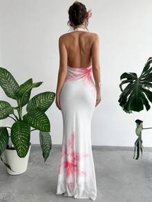 SHEIN Franclia 优雅紧身鱼尾连衣裙，V领设计，腰部褶皱针织网纱印花连衣裙，多色可选，春夏女装长裙，碎花连衣裙，白色连衣裙，假日连衣裙，度假连衣裙，优雅派对连衣裙，沙滩连衣裙，定位碎花连衣裙，通勤连衣裙，夏季连衣裙，优雅连衣裙，长款度假长裙，夏季热带连衣裙，吊带连衣裙，女装连衣裙，女士正装连衣裙，优雅长款碎花连衣裙 - 彩色 - 查看 2