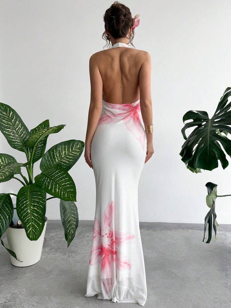 SHEIN Franclia Women's White And Pink Elegant Floral Mesh Long Dress,Summer Vacation Holiday Halter Neck V-Neck Waist Gathers Tight Fishtail Beach Party Dress - Multicolor - View 2
