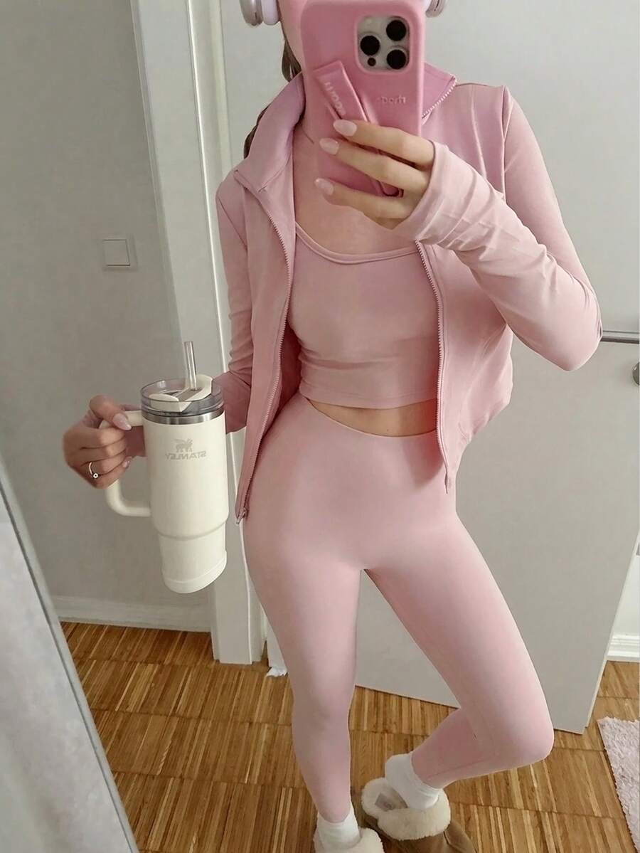 SHEIN 青少年女孩純色3D骨線立領前開拉鍊修身長袖夾克 - 粉色 - 查看 1