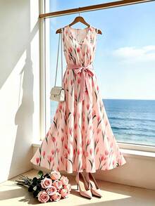 SHEIN Franclia Vestido de Praia Floral Elegante e Casual para Férias de Verão, Festival de Junho, para Mulheres, Roupa para Encontro Romântico, Sem Mangas, Decote em V, Cintura Elástica com Cinto, Vestido em Linha A - Multicolorido - Visão 7