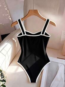 SHEIN Franclia 女款拼色休閒百搭日常穿著連身衣 - 黑色 - 查看 2