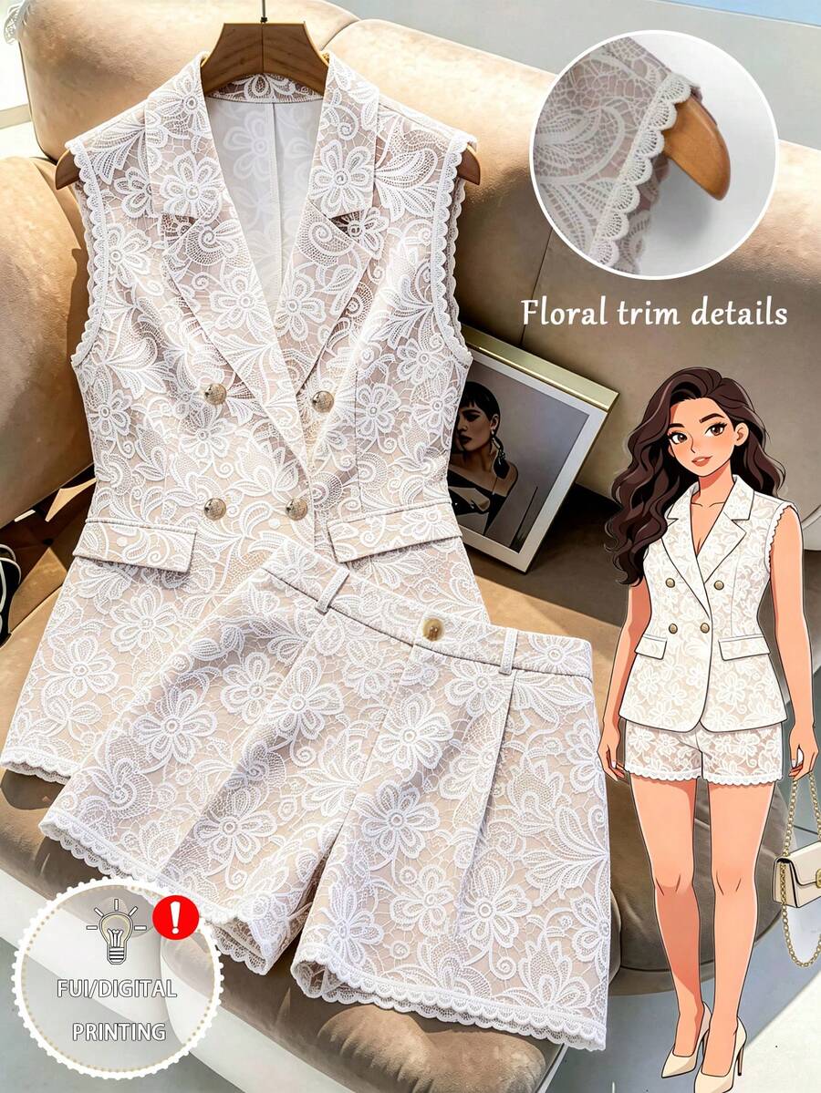 GlowEve CURVE Women's Fashion Faux Lace Print Decorative Button Suit Set Wedding Formal Wedding Guest Beige Summer Elegant Casual - White - View 1