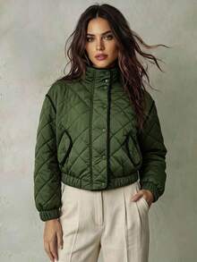 Franclia Chaqueta acolchada holgada de mujer en color verde militar con bloques de color, solapa, botones metálicos y cremallera, estilo casual de moda, hombros caídos, manga larga, puños elásticos, decoración de borde con bloques de color, bajo elástico, forrada, adecuada para capas, juegos de rol, salidas de Año Nuevo, primavera/otoño/invierno - Verde militar - Ver 1