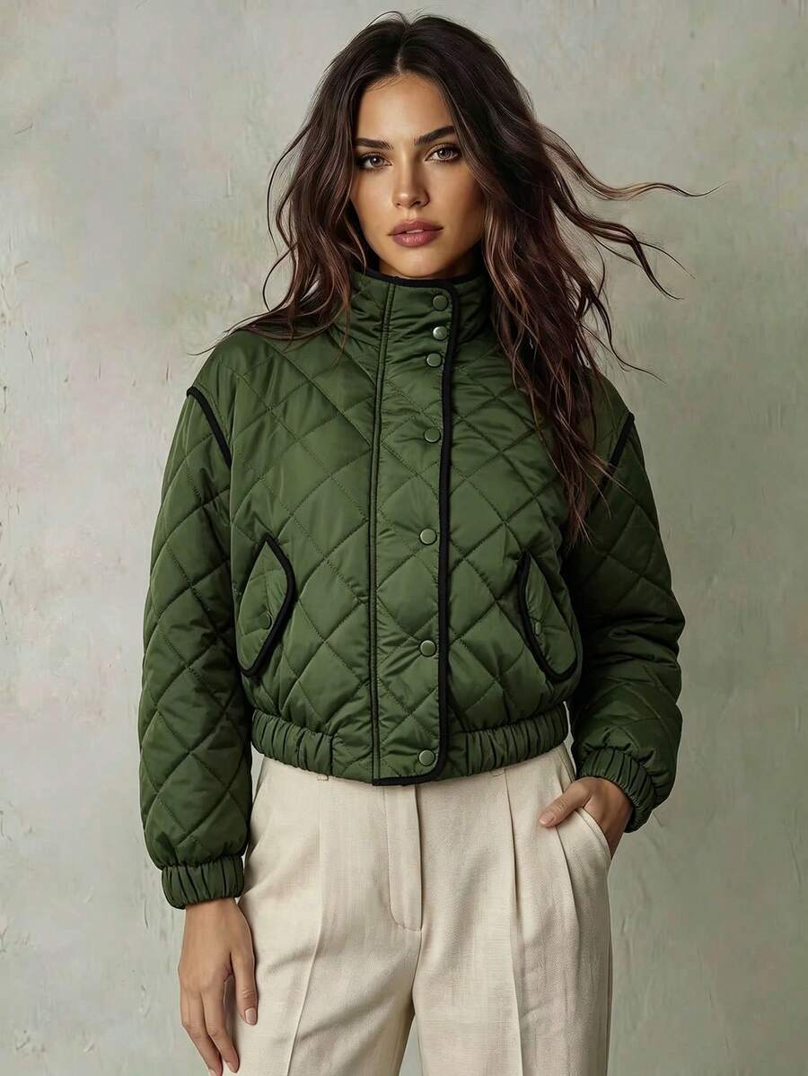 Franclia Chaqueta acolchada holgada de mujer en color verde militar con bloques de color, solapa, botones metálicos y cremallera, estilo casual de moda, hombros caídos, manga larga, puños elásticos, decoración de borde con bloques de color, bajo elástico, forrada, adecuada para capas, juegos de rol, salidas de Año Nuevo, primavera/otoño/invierno - Verde militar - Ver 1