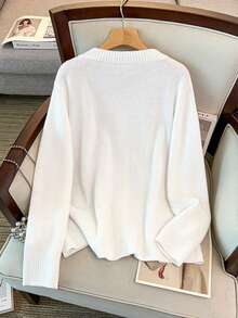 GlowEve CURVE Plus Size Elegant Asymmetrical Shoulder Contrast Color Long Sleeve Cardigan Sweater - White - View 2