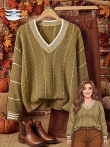 Rusticease Plus Size Casual Vacation Jacquard Contrast Color Long Sleeve Sweater Everyday Autumn Clothes Casual Traditional Country Olive Green Fall Fashion 2026 - Multicolor - View 1