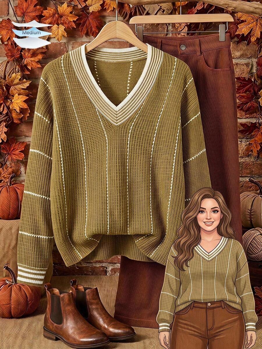 Rusticease Plus Size Casual Vacation Jacquard Contrast Color Long Sleeve Sweater Everyday Autumn Clothes Casual Traditional Country Olive Green Fall Fashion 2026 - Multicolor - View 1