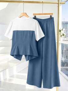 GlowEve CURVE Setelan 2 potong wanita ukuran plus, warna polos kontras, rajutan ikat 2 in 1, atasan kaos lengan pendek dan celana panjang longgar lurus, cocok untuk pakaian kasual sehari-hari. - Biru - View 2