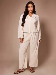 Lazeform Casual Colorblock Scalloped Lapel Button-Front Flared Long Sleeve Pants Plus Size Set - Apricot - View 4
