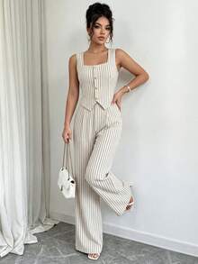 SHEIN Elenzya 女款黑白條紋兩件套，仿亞麻紋理布料，方領無袖前開鈕扣修身上衣 + 高腰寬腿褲，優雅專業風格，適合辦公室與正式場合 - 彩色 - 查看 5