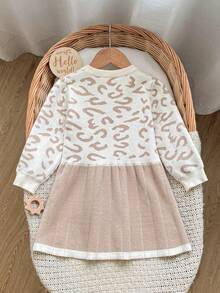 SHEIN Young Girl Colorblock Leopard Print Knit Dress - Khaki - View 2