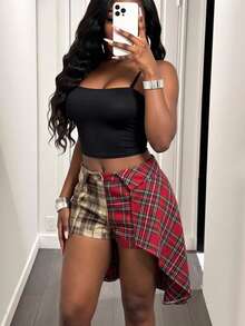 SHEIN BamGlam Women's Plaid Asymmetrical Hem Fashion Grunge Punk Casual Skort After Party Everyday Night Brown Summer - Apricot - View 7