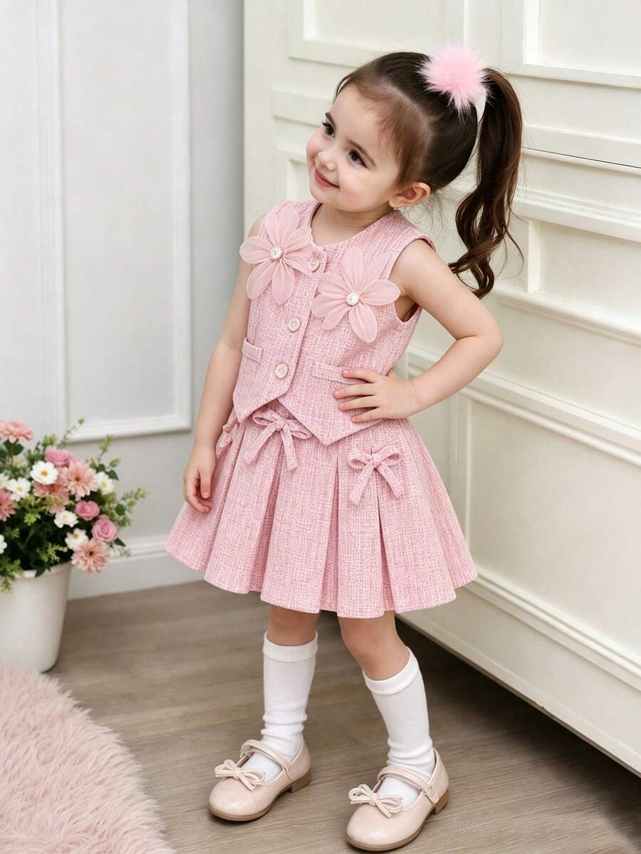 SHEIN Playful Pals 女嬰復古3D花朵仿珍珠鈕扣西裝背心與百褶迷你裙休閒套裝