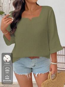 EMERY ROSE Plus Size Casual Solid Color Textured Shirt - Green - View 1